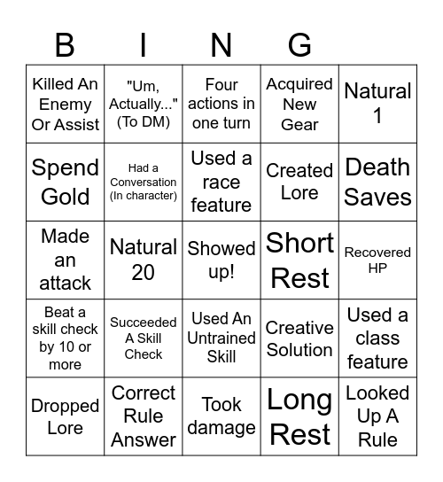 D&D XP Sheet - Easy Bingo Card