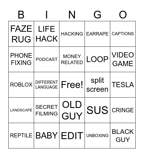 YOUTUBE SHORTS Bingo Card