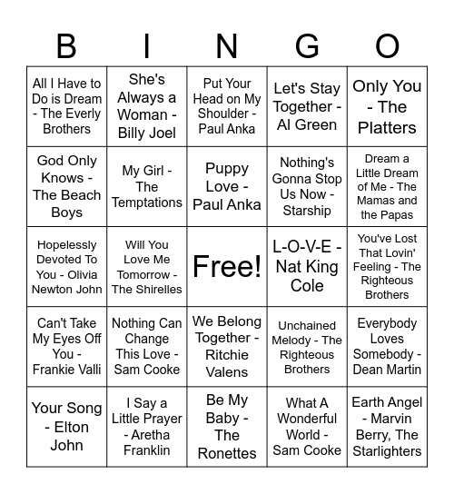Respite Valentine Music Bingo Card