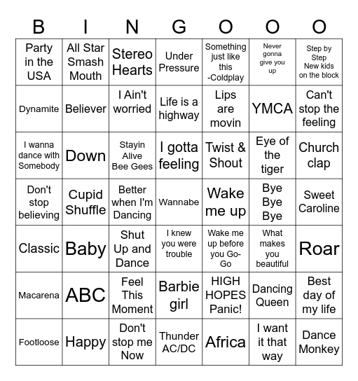 PARTY SONGS!!! Bingo Card