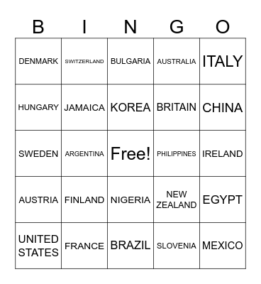 COUNTRIES IN THE OLYMPICS Bingo Card