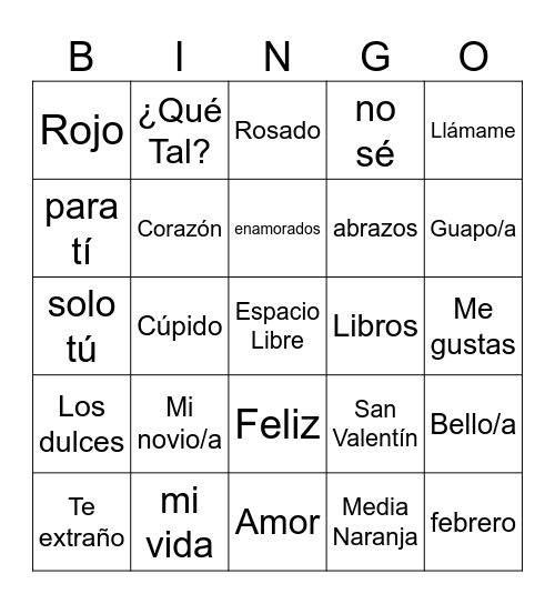 Dia de San Valentin Bingo Card