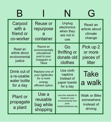 Environmental Health Bingo Card