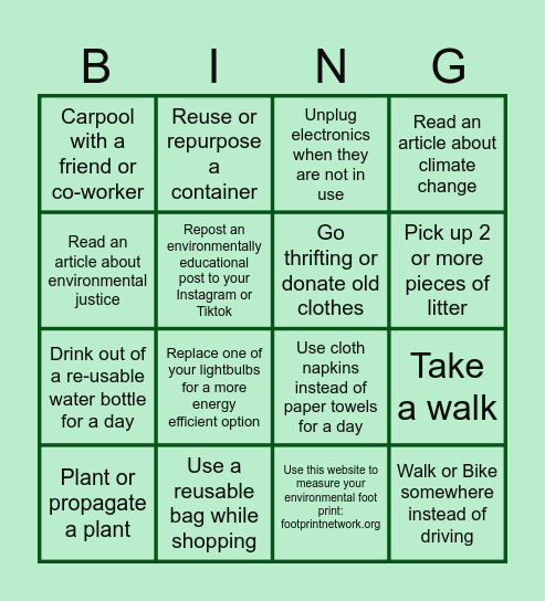 Environmental Health Bingo Card