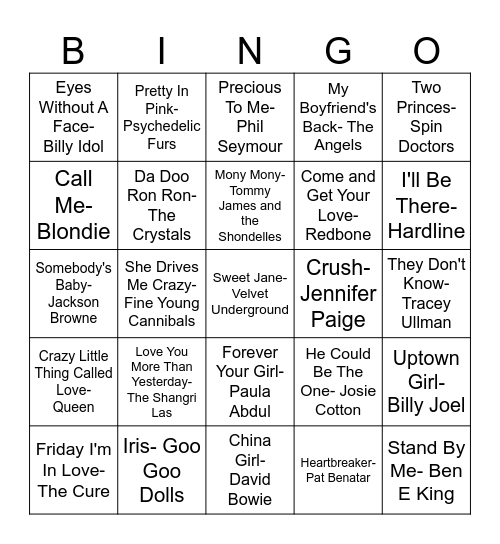 Valentine's Day Music Bingo Card