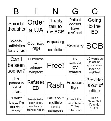 Triage Bingo Card