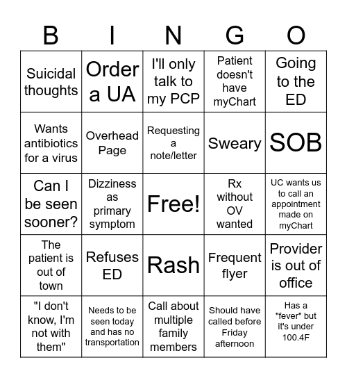 Triage Bingo Card