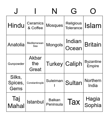 Ottoman and Mughal Empires Jingo Bingo Card