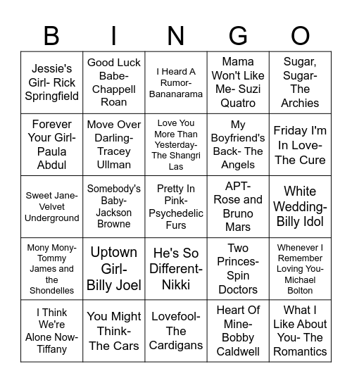 Valentine's Day Music Bingo Card