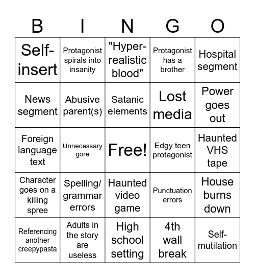 Generic Creepypasta Bingo Card
