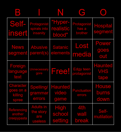 Shitty Creepypasta Bingo Card