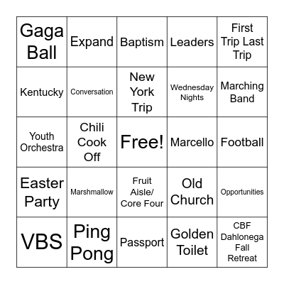 Youth BINGO! Bingo Card