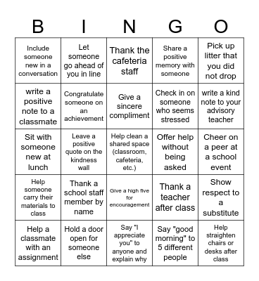 Kindness Week Bingo Card