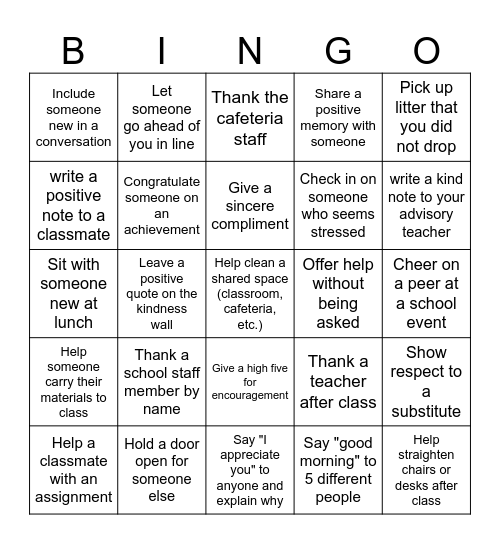 Kindness Week Bingo Card