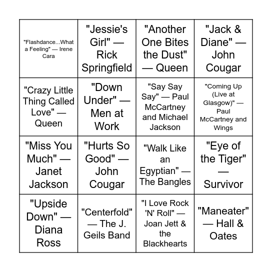 1980s Bingo Card