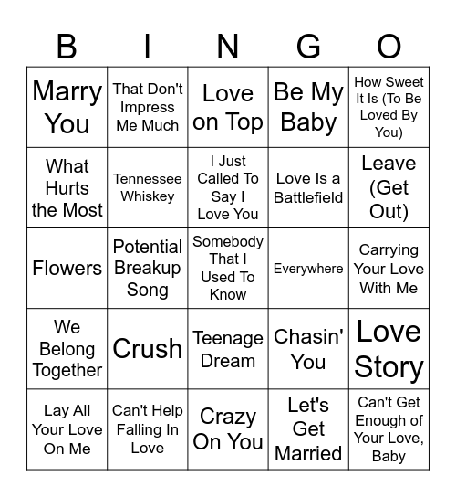 Valentine's Music Bingo #1 Bingo Card