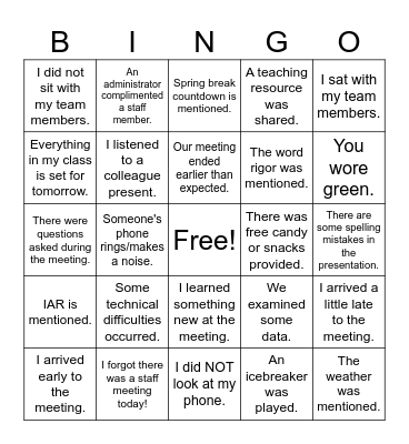 Staff Meeting Bingo Card