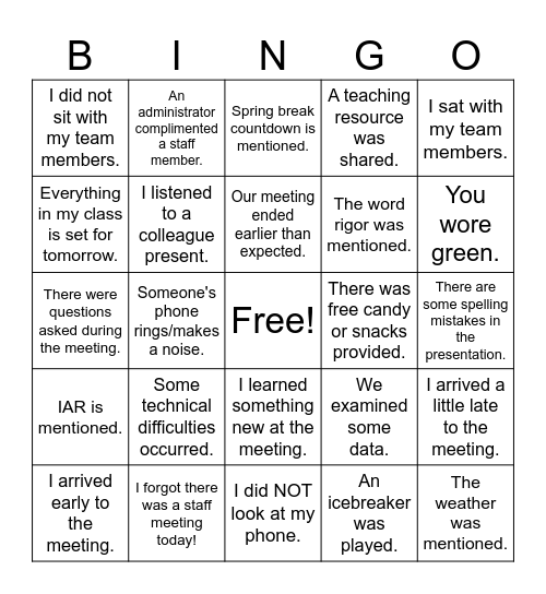 Staff Meeting Bingo Card