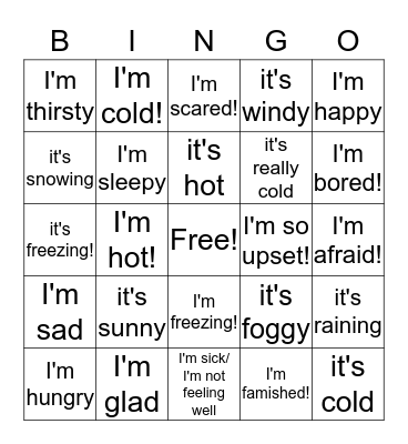 Weather and Sensations Bingo Card