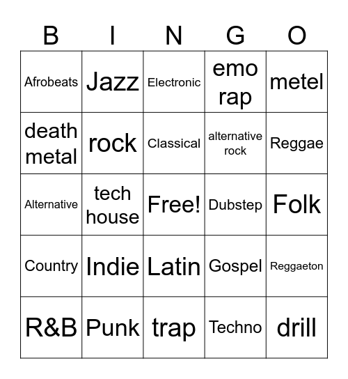 Music Bingo Card