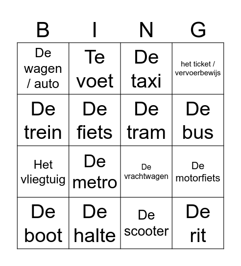 De vervoermiddelen Bingo Card