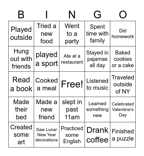 February Break Bingo - Who...? Bingo Card