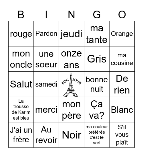 Bonjour! Bingo Card