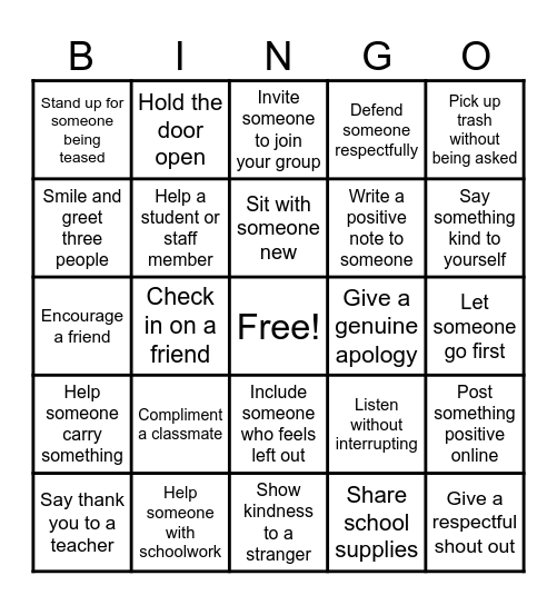 Kindness Bingo Card