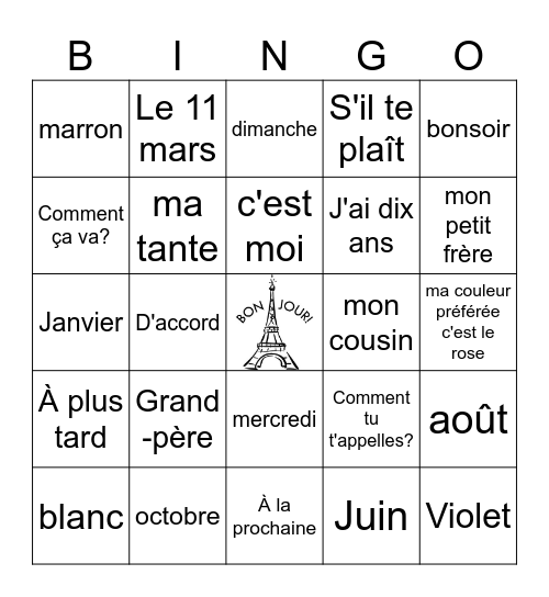 Bonjour! Bingo Card