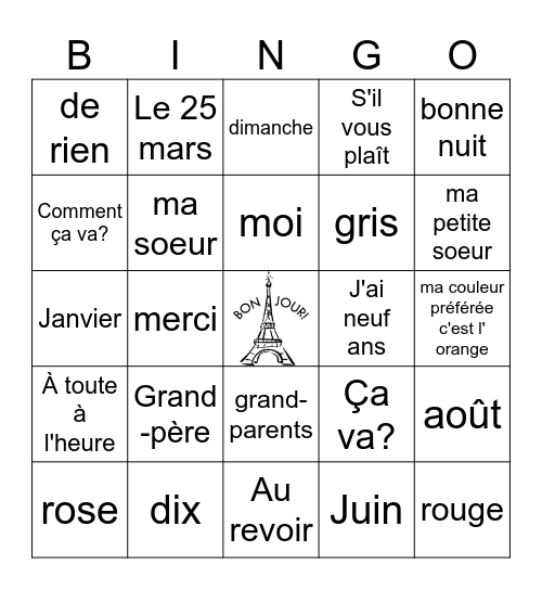 Bonjour! 3 Bingo Card