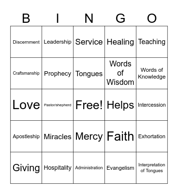 Spiritual Gifts Bingo Card