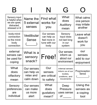 5 Senses Facts Bingo Card