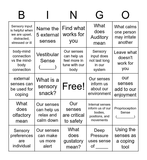 5 Senses Facts Bingo Card