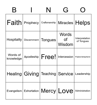 Spiritual Gifts Bingo Card