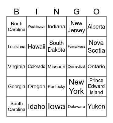 U.S and Canada Bingo Card