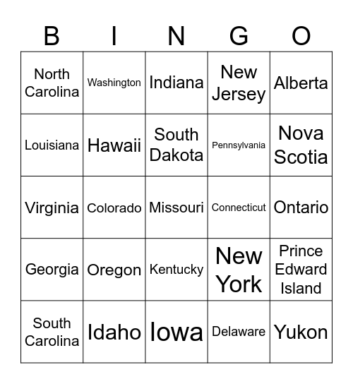 U.S and Canada Bingo Card