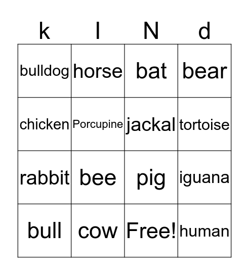 animal Bingo Card
