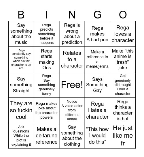 Rega anime Bingo Card