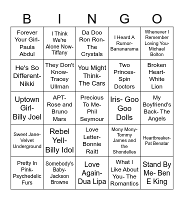 Valentine's Day Music Bingo Card
