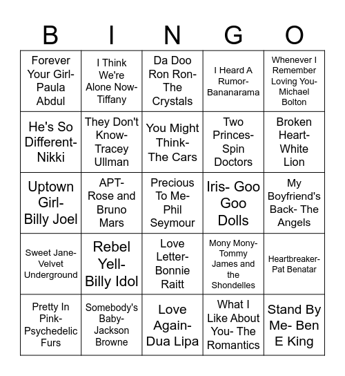 Valentine's Day Music Bingo Card