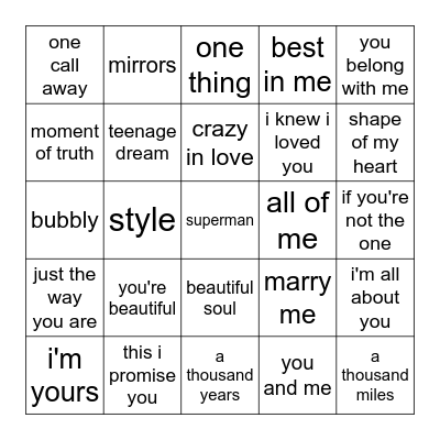 Millennial Love Songs Bingo Card