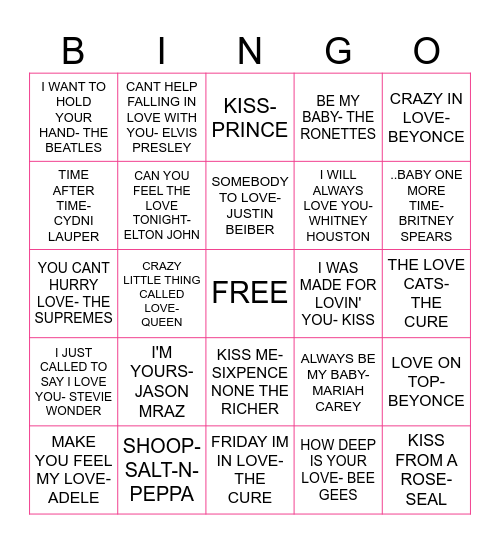 Valentine's Day Music Bingo Card