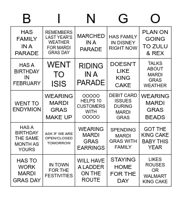 MARDI GRAS *CONVERSATION* BINGO Card