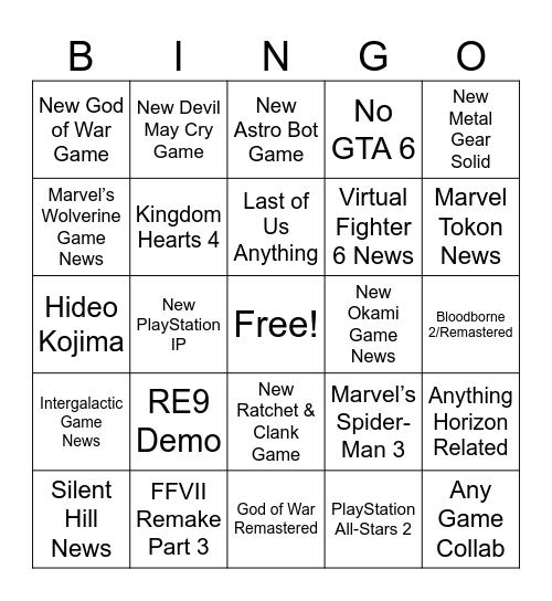 PlayStation State of Play Feb 12, 2026 Bingo Card