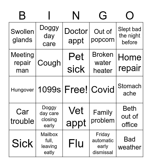 Work Excuses-Kat Edition Bingo Card