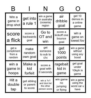 Rocket League Bingo Card