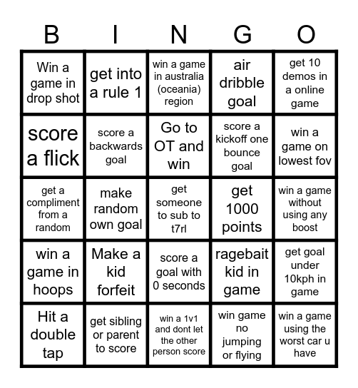 Rocket League Bingo Card