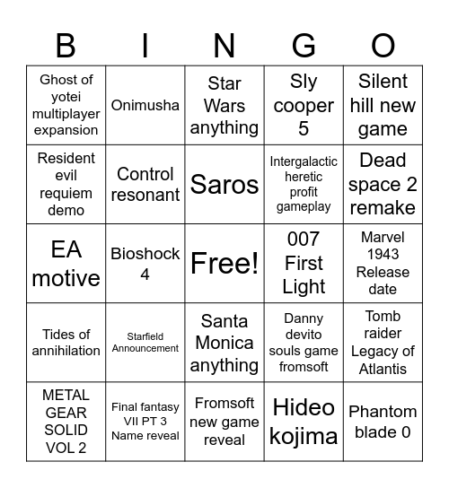 PLAYSTATION SOP Bingo Card