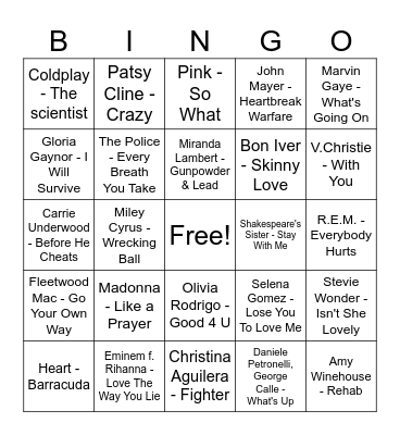Breakup Songs! Bingo Card