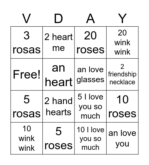 Valentines day bingo Card